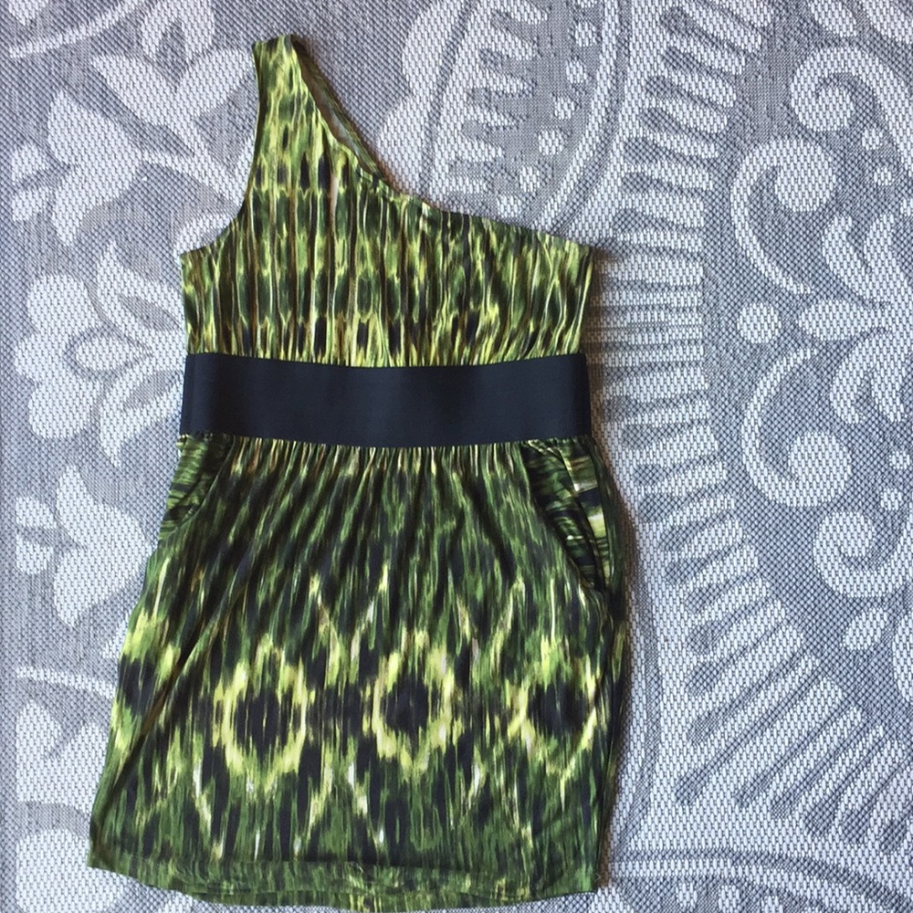 Windsor Green and Black One Shoulder Dress with Pockets (Size L)